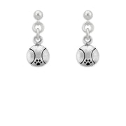 Silver drop earrings with tennis ball and paw print design