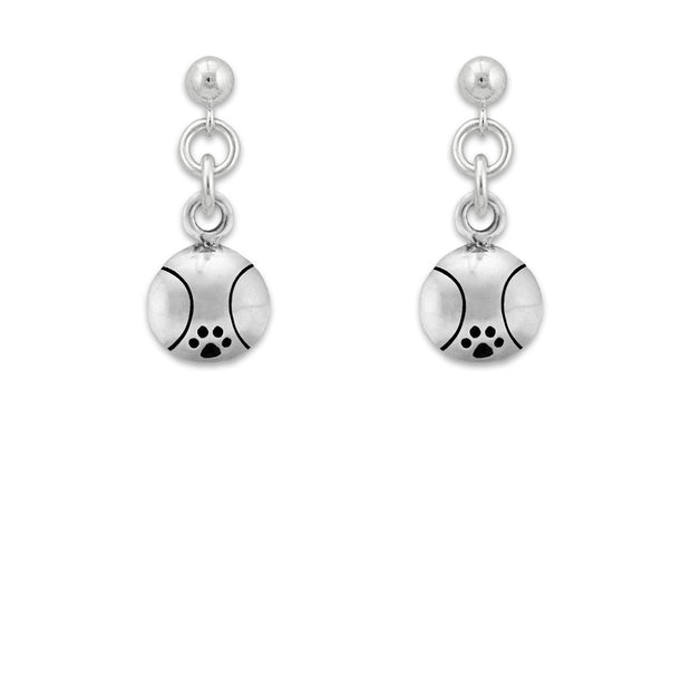Silver drop earrings with tennis ball and paw print design