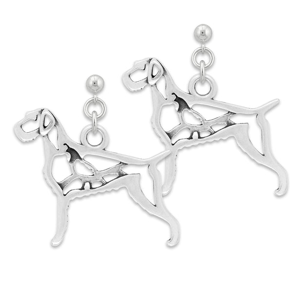 German Wirehaired Pointer Earrings Body Design with Quail in Sterling Silver in Dangle Post.