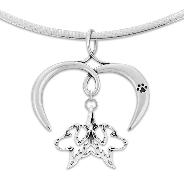 Golden Retriever Necklace Double Head Design with Open Heart Charm Holder with Paw Print in Sterling Silver on Omega Chain.