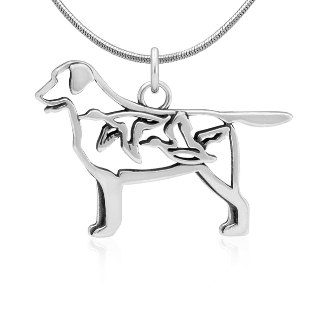 Labrador Retriever Necklace Body Design with Ducks in Sterling Silver on Snake Chain.