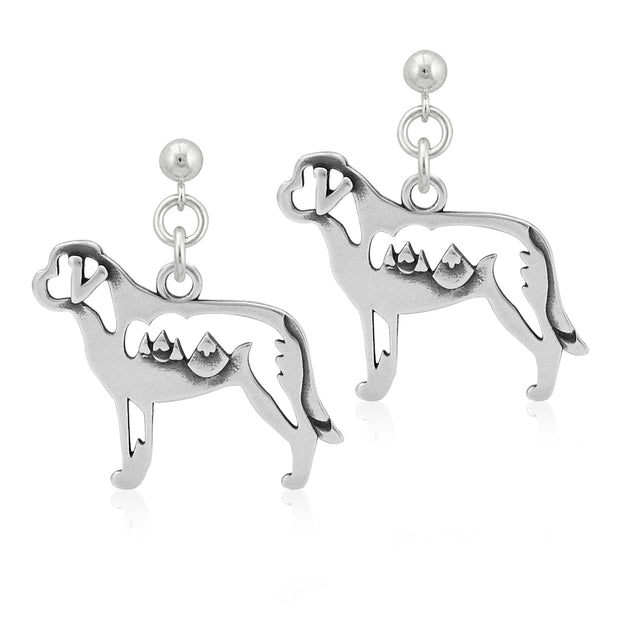 Saint Bernard Earrings Body Design with Mountains in Sterling Silver in Dangle Post.