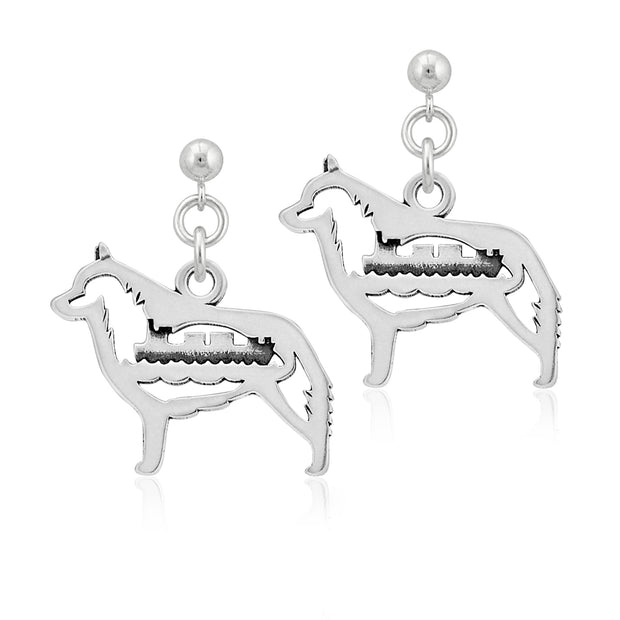 Schipperke Earrings Body Design with Barge in Sterling Silver in Dangle Post.