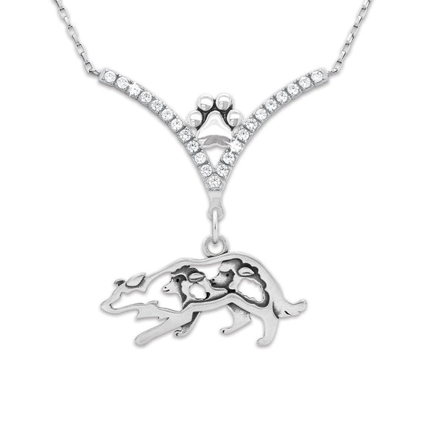 Border Collie Necklace Crouching Body Design with Sheep in V-Shaped Cubic Zirconia and Sterling Silver Chain with Pawprint.