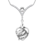 Rough Coat Collie Heart Necklace Head Design in V-Shaped Cubic Zirconia and Sterling Silver Chain with Pawprint.