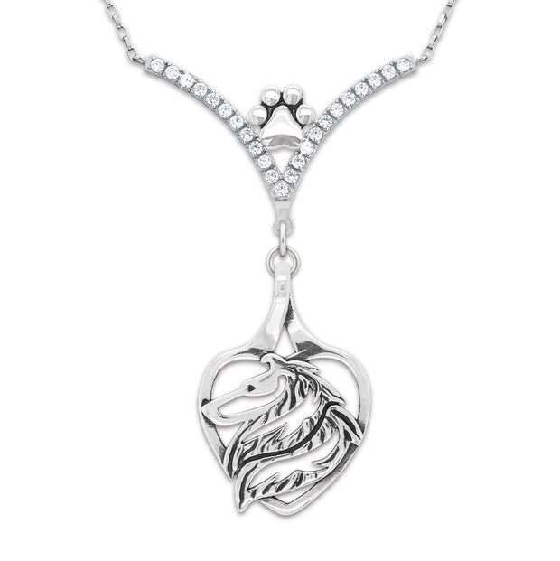 Rough Coat Collie Heart Necklace Head Design in V-Shaped Cubic Zirconia and Sterling Silver Chain with Pawprint.