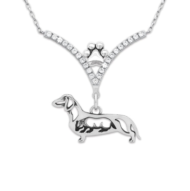 Dachshund Necklace Body Design with Badger in V-Shaped Cubic Zirconia and Sterling Silver Chain with Pawprint.