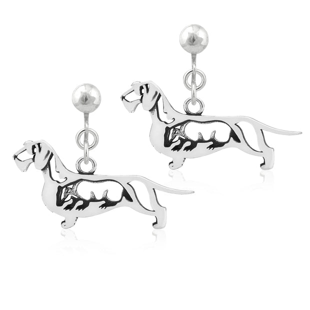 Wirehaired Dachshund Clip-On Earrings Body Design with Badger in Sterling Silver.