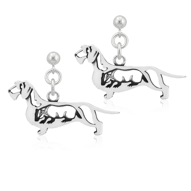 Wirehaired Dachshund Earrings Body Design with Badger in Sterling Silver in Dangle Post.