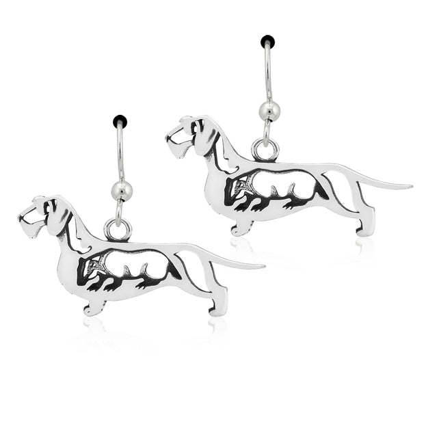Wirehaired Dachshund Earrings Body Design with Badger in Sterling Silver in French Hook.