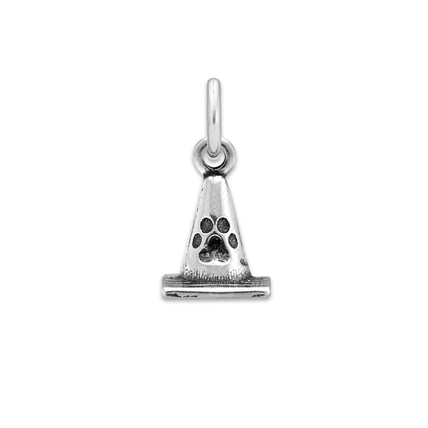 A sterling silver charm in the shape of a #1 cone with a paw print on the back, intended for Rally and Obedience dog competition judges, and competitors.