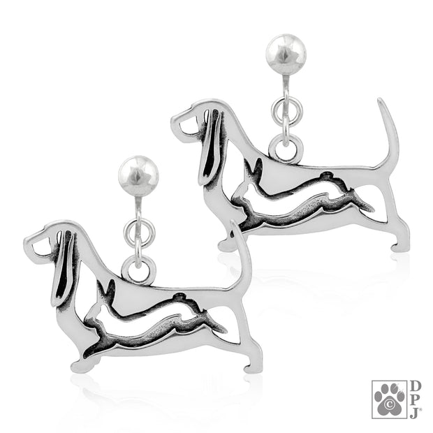Basset Hound clip-on earrings in sterling silver, Stylish Basset Hound bling