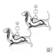 Basset Hound earrings in sterling silver on dangle posts, Handcrafted Basset Hound jewelry 