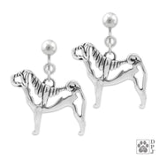 Chinese Shar Pei clip-on earrings in sterling silver, Stylish Chinese Shar Pei bling