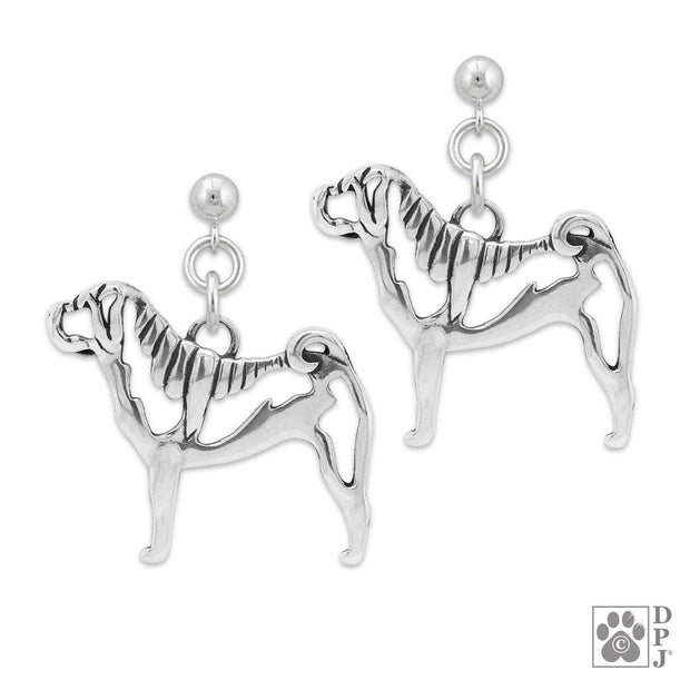 Chinese Shar Pei earrings in sterling silver on dangle posts, Handcrafted Chinese Shar Pei jewelry 