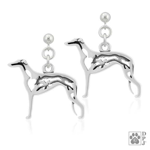 Greyhound earrings in sterling silver on dangle posts, Handcrafted Greyhound jewelry 