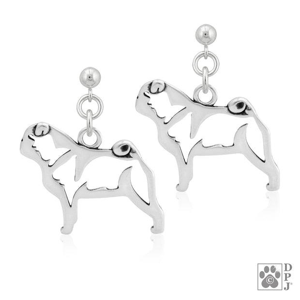 Pug earrings in sterling silver on dangle posts, Handcrafted Pug jewelry 
