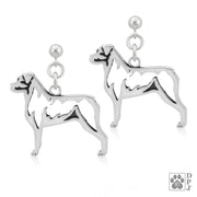 Rottweiler earrings in sterling silver on dangle posts, Handcrafted Rottweiler jewelry 