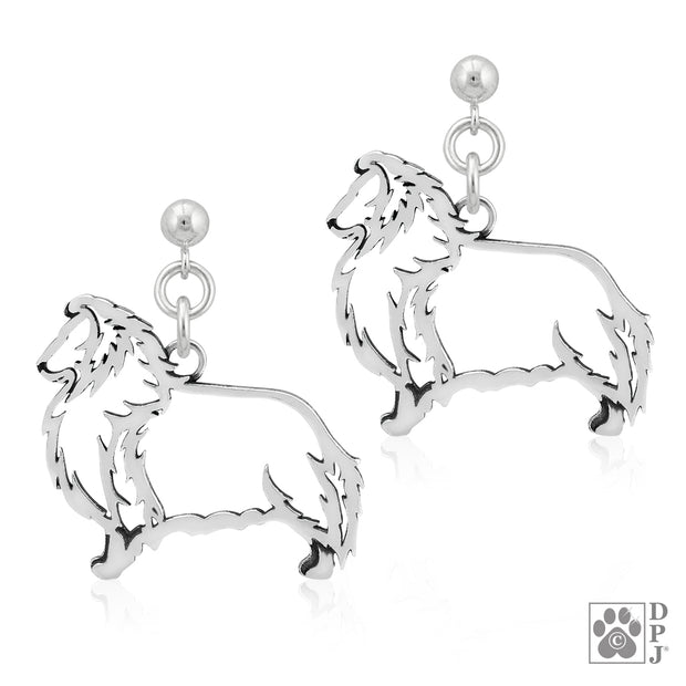 Shetland Sheepdog earrings in sterling silver on dangle posts, Handcrafted Shetland Sheepdog jewelry 