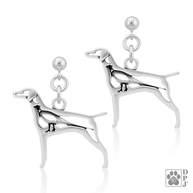 Vizsla earrings in sterling silver on dangle posts, Handcrafted Vizsla jewelry 