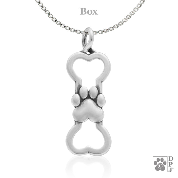 Bone shaped necklace pendant in sterling silver with paw print, Top rated paw and bone necklace for animal lovers