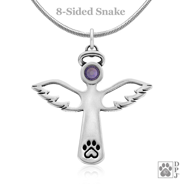 Personalized Paw Print Angel Necklace In Sterling Silver, Touched By An Angel w/Crystal
