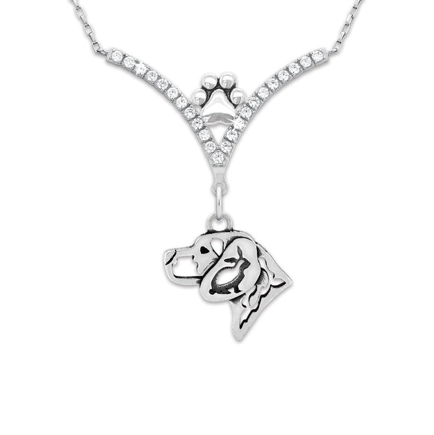 Beagle Necklace Head Design with Rabbit in V-Shaped Cubic Zirconia and Sterling Silver Chain with Pawprint.