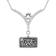 Border Collie Necklace Body Design in Crouch Position in V-Shaped Cubic Zirconia and Sterling Silver Chain with Pawprint.