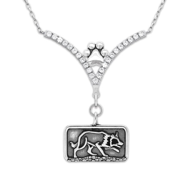 Border Collie Necklace Body Design in Crouch Position in V-Shaped Cubic Zirconia and Sterling Silver Chain with Pawprint.