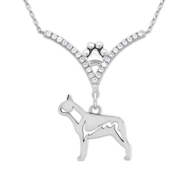 Boston Terrier Necklace Body Design in V-Shaped Cubic Zirconia and Sterling Silver Chain with Pawprint.