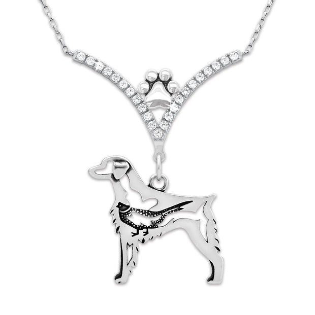 Brittany Necklace Body Design with Pheasant in V-Shaped Cubic Zirconia and Sterling Silver Chain with Pawprint.