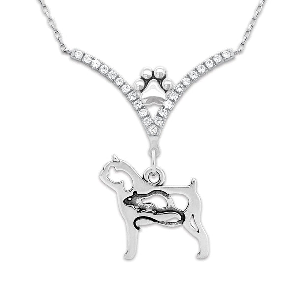 Brussels Griffon Necklace Body Design with Rat in V-Shaped Cubic Zirconia and Sterling Silver Chain with Pawprint.