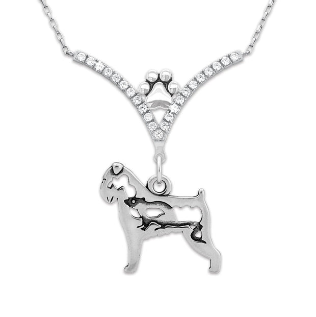 Brussels Griffon Necklace Body Design with Rat in V-Shaped Cubic Zirconia and Sterling Silver Chain with Pawprint.