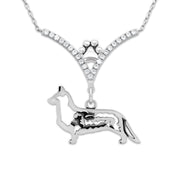 Cardigan Welsh Corgi Necklace Body Design with Sheep in V-Shaped Cubic Zirconia and Sterling Silver Chain with Pawprint.