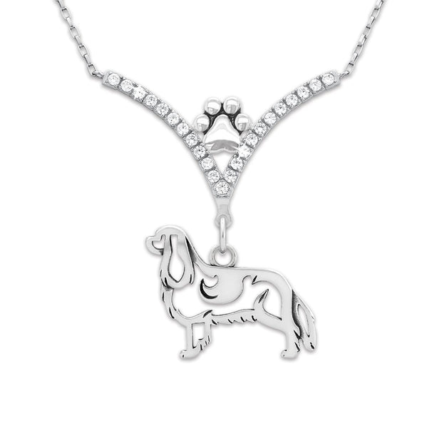 Cavalier King Charles Necklace Body Design in V-Shaped Cubic Zirconia and Sterling Silver Chain with Pawprint.