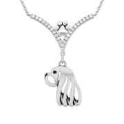 Cavalier King Charles Necklace Head Design in V-Shaped Cubic Zirconia and Sterling Silver Chain with Pawprint.