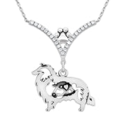 Rough Coat Collie Necklace Body Design with Sheep in V-Shaped Cubic Zirconia and Sterling Silver Chain with Pawprint.