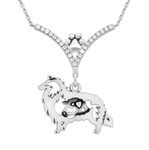 Rough Coat Collie Necklace Body Design with Sheep in V-Shaped Cubic Zirconia and Sterling Silver Chain with Pawprint.
