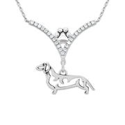 Dachshund Necklace Body Design in V-Shaped Cubic Zirconia and Sterling Silver Chain with Pawprint.