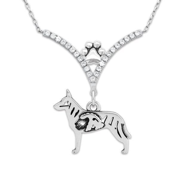 Dutch Shepherd Necklace Body Design with Sheep in V-Shaped Cubic Zirconia and Sterling Silver Chain with Pawprint.