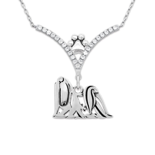 Maltese Necklace Body Design in V-Shaped Cubic Zirconia and Sterling Silver Chain with Pawprint.