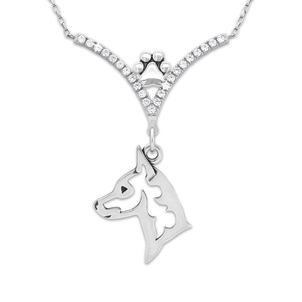 Miniature Pinscher Necklace Head Design in V-Shaped Cubic Zirconia and Sterling Silver Chain with Pawprint.