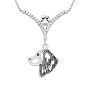 Nederlandse Kooikerhondje Necklace Head Design in V-Shaped Cubic Zirconia and Sterling Silver Chain with Pawprint.