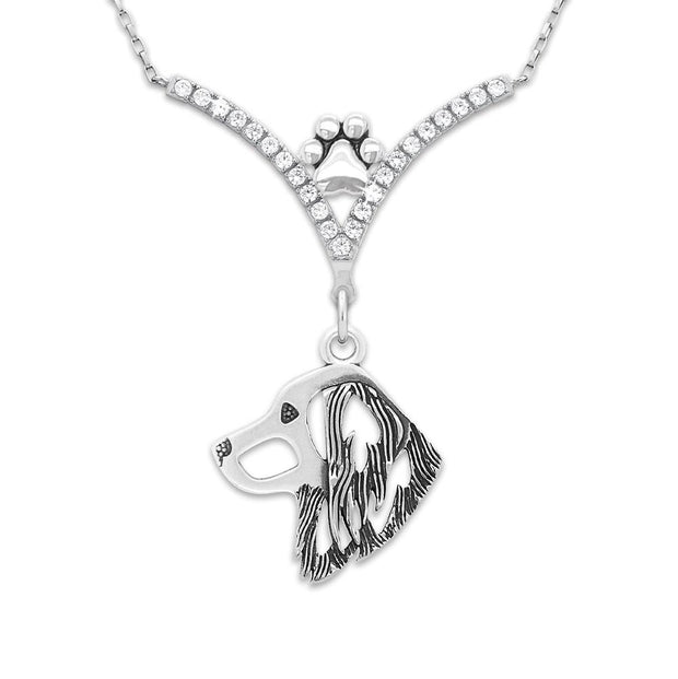 Nederlandse Kooikerhondje Necklace Head Design in V-Shaped Cubic Zirconia and Sterling Silver Chain with Pawprint.