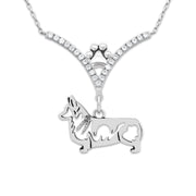 Pembroke Welsh Corgi Necklace Body Design in V-Shaped Cubic Zirconia and Sterling Silver Chain with Pawprint.