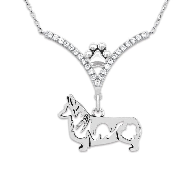 Pembroke Welsh Corgi Necklace Body Design in V-Shaped Cubic Zirconia and Sterling Silver Chain with Pawprint.
