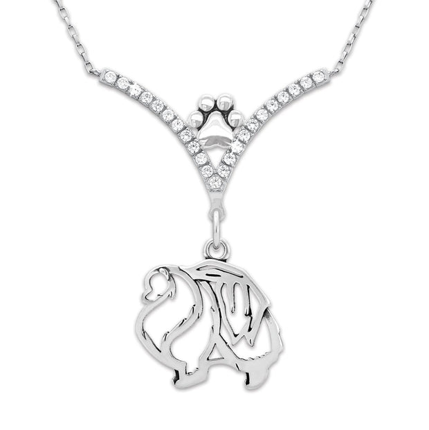 Pomeranian Necklace Body Design in V-Shaped Cubic Zirconia and Sterling Silver Chain with Pawprint.