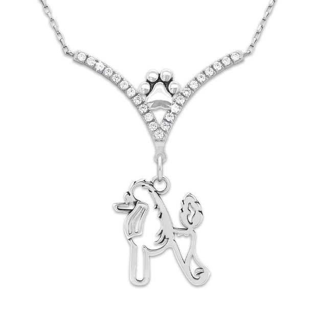 Poodle Necklace Body Design in V-Shaped Cubic Zirconia and Sterling Silver Chain with Pawprint.
