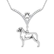 Rottweiler Necklace Head Design in V-Shaped Cubic Zirconia and Sterling Silver Chain with Pawprint.