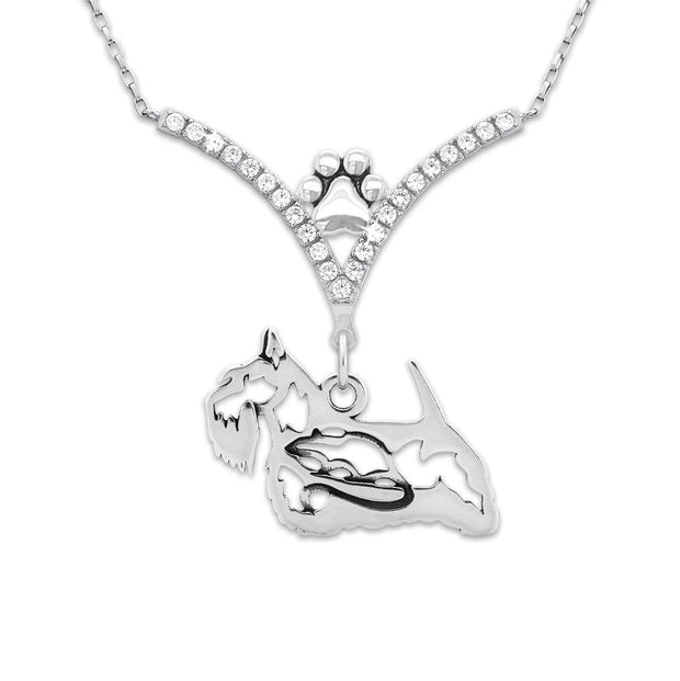 Scottish Terrier Necklace Body Design with Rat in V-Shaped Cubic Zirconia and Sterling Silver Chain with Pawprint.